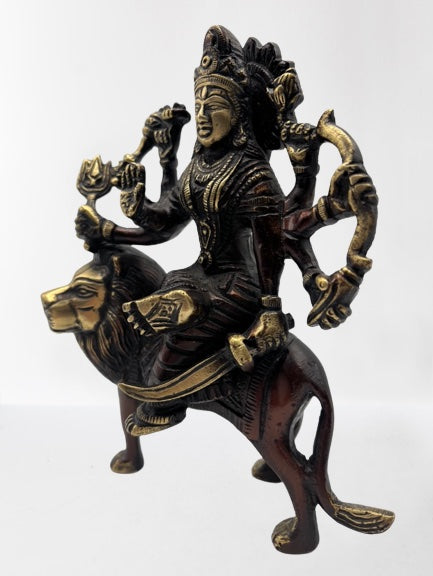 Brass Hindu Goddess Durga Statue Seated on Her Vehicle, a Lion with 8 Arms  Holding Weapons 17.5 (#160bs29z): Hindu Gods & Buddha Statues