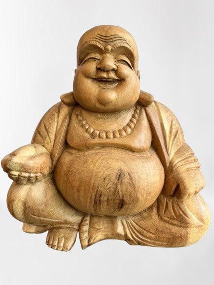 Wood Fat Laughing Happy Buddha Statue 12" - Routes Gallery