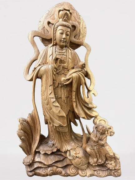 Hand Carved Wood Quan Yin with Ruyi Scepter 44"