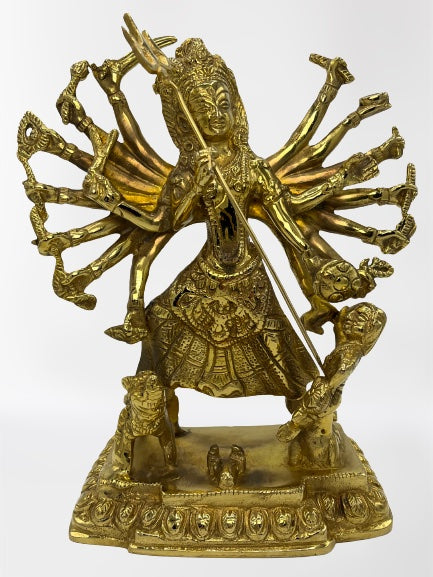 Brass Durga Slaying Buffalo Demon Statue 9"