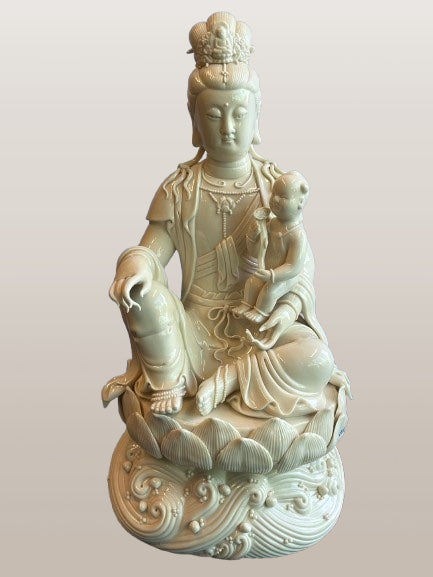 Porcelain Quan Yin Statue Holding Baby 16"