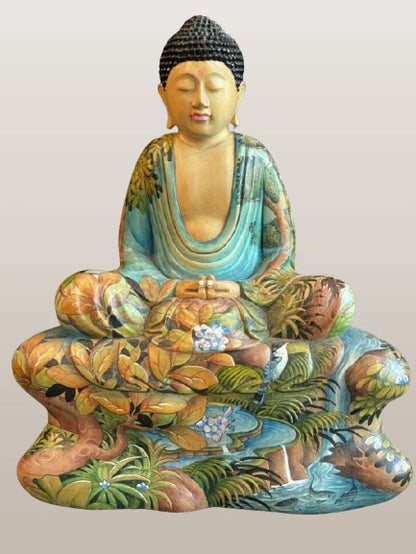 Painted Wood Meditation Buddha Statue 9"