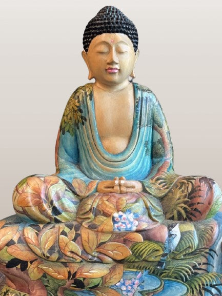 Painted Wood Meditation Buddha Statue 9"