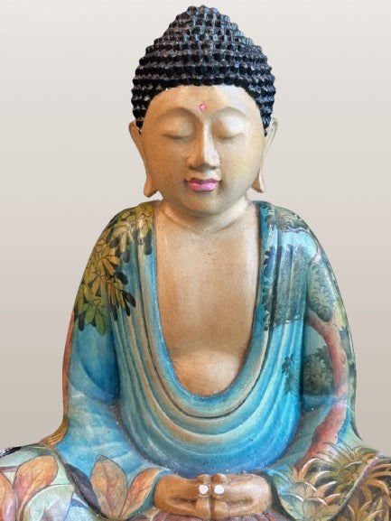 Painted Wood Meditation Buddha Statue 9"