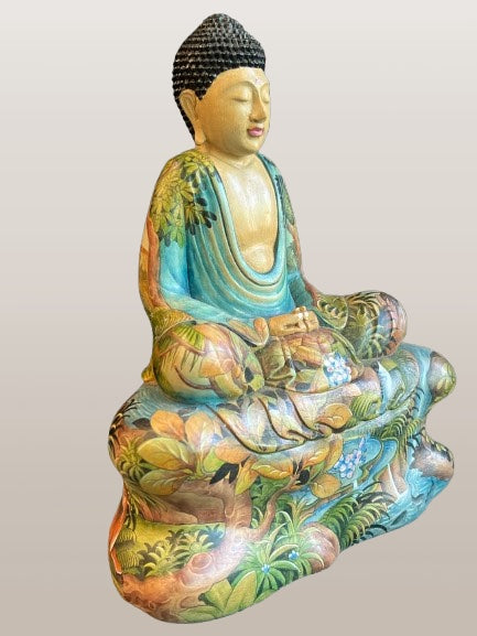 Painted Wood Meditation Buddha Statue 9"