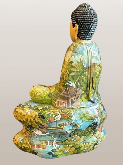 Painted Wood Meditation Buddha Statue 9"