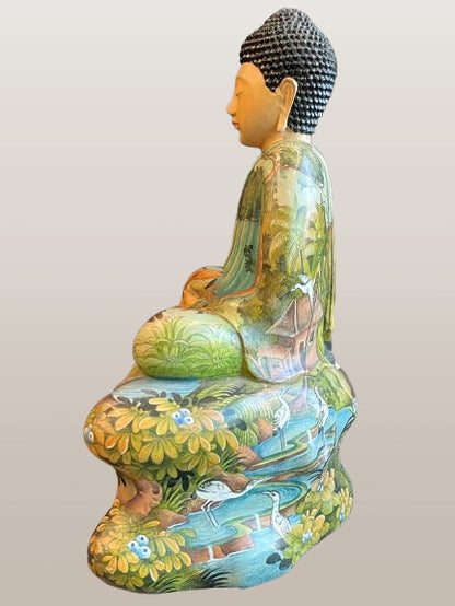 Painted Wood Meditation Buddha Statue 9"