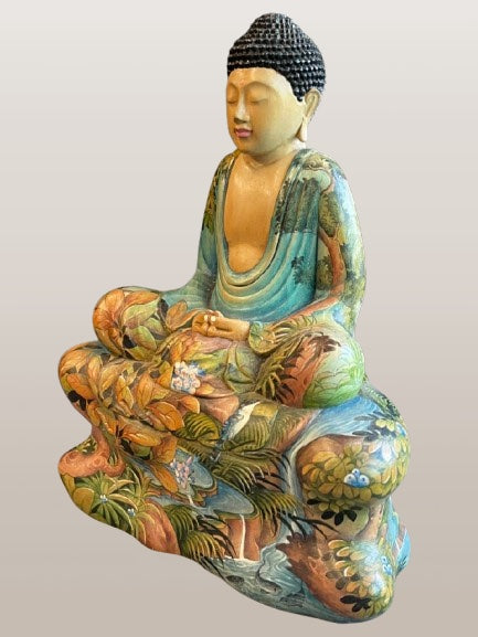 Painted Wood Meditation Buddha Statue 9"