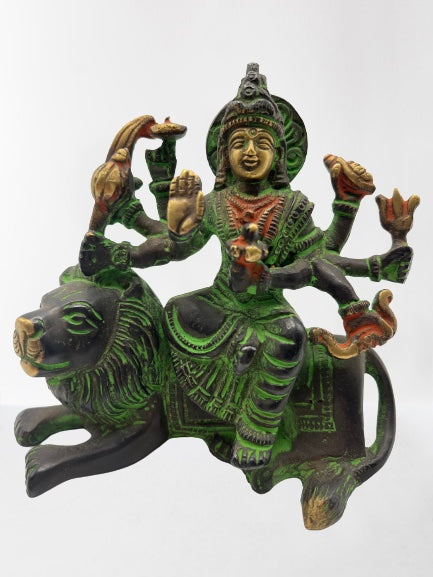 Brass Durga Statue Seated on Lion 4"