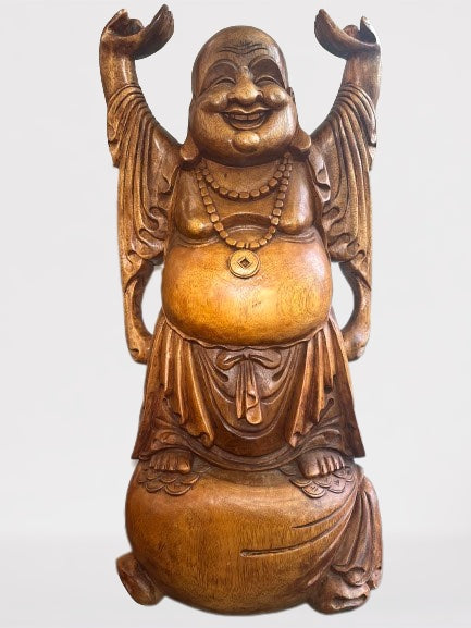 Wood Laughing Buddha Statue with Hands Up 40"