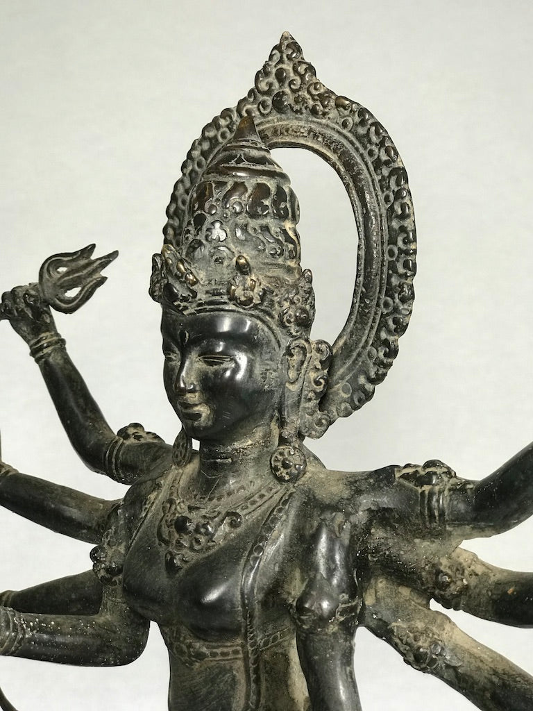 Brass Durga Statue Standing on Nandi Bull 16" - Routes Gallery