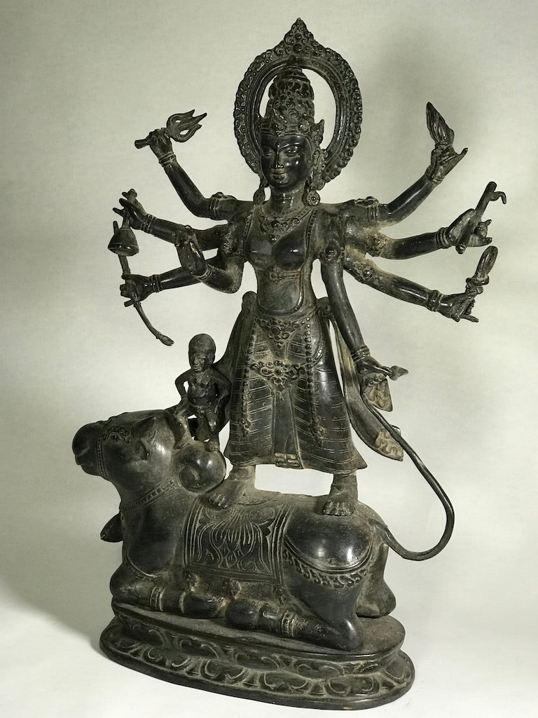 Brass Durga Statue Standing on Nandi Bull 16" - Routes Gallery