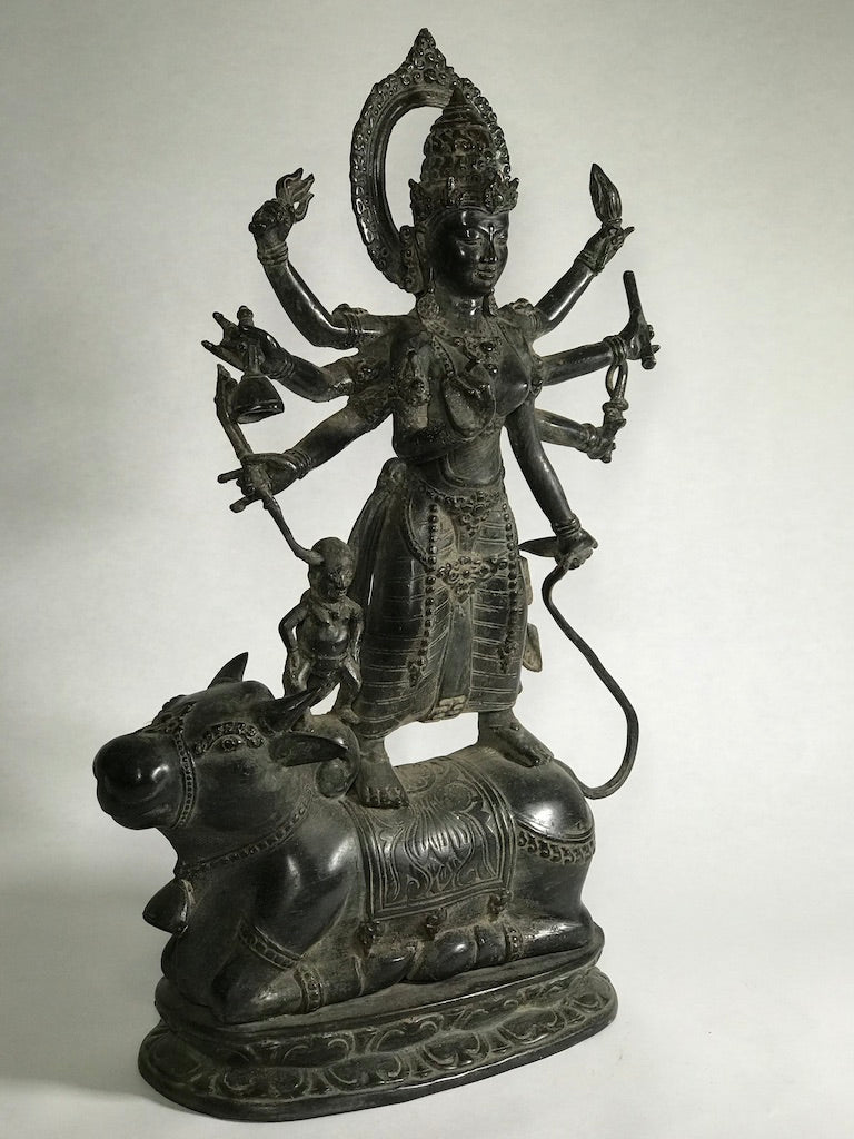 Brass Durga Statue Standing on Nandi Bull 16" - Routes Gallery