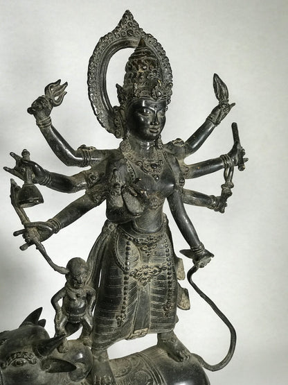 Brass Durga Statue Standing on Nandi Bull 16" - Routes Gallery