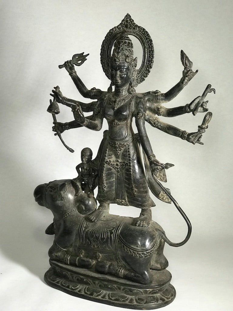 Brass Durga Statue Standing on Nandi Bull 16" - Routes Gallery