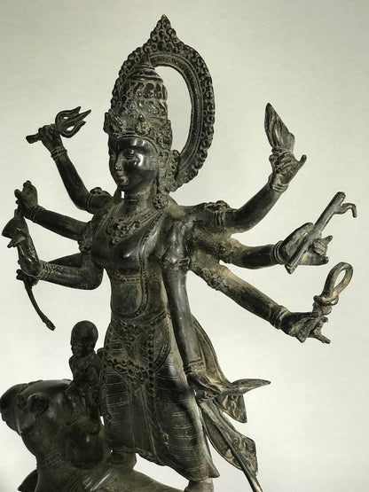 Brass Durga Statue Standing on Nandi Bull 16" - Routes Gallery