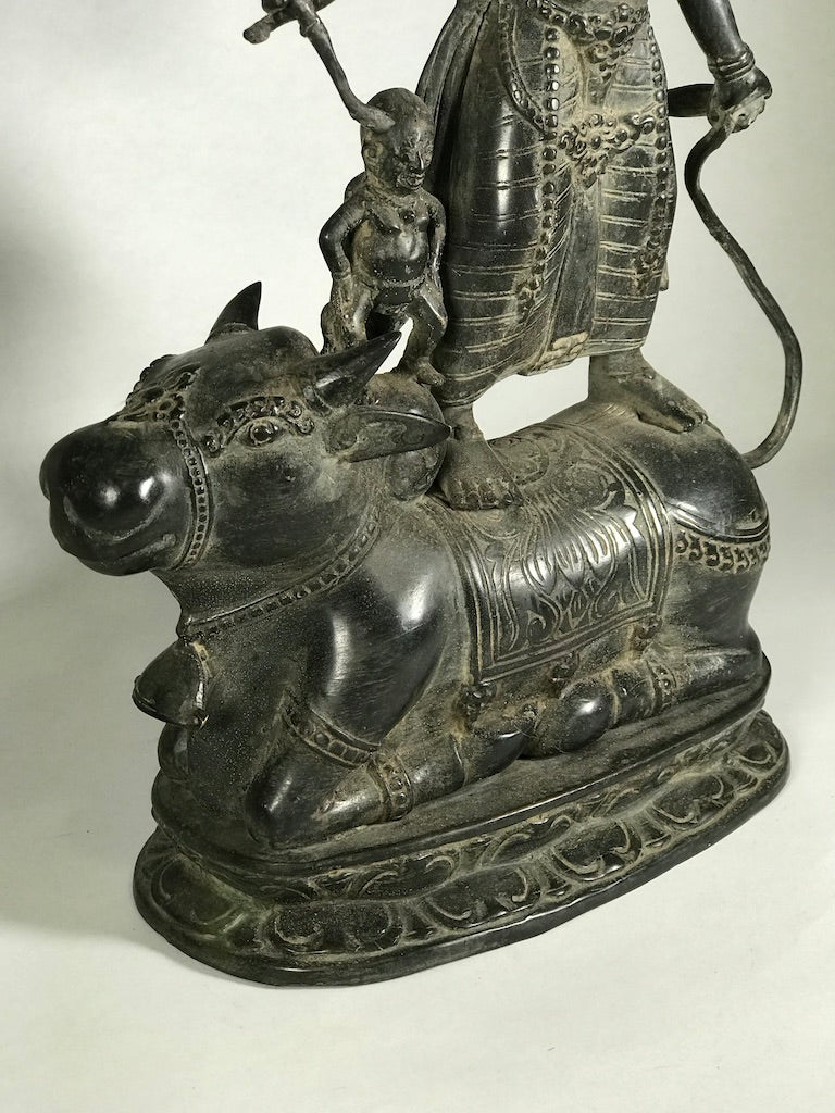 Brass Durga Statue Standing on Nandi Bull 16" - Routes Gallery