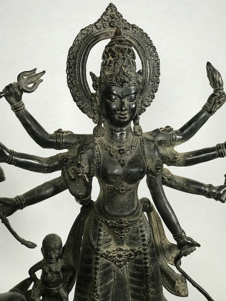 Brass Durga Statue Standing on Nandi Bull 16" - Routes Gallery