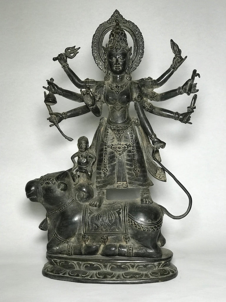 Brass Durga Statue Standing on Nandi Bull 16" - Routes Gallery