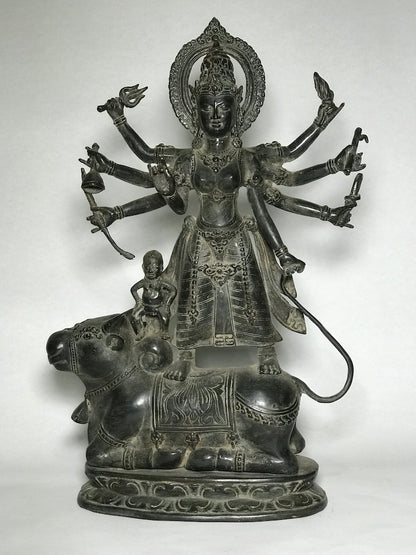 Brass Durga Statue Standing on Nandi Bull 16" - Routes Gallery