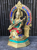 Brass Saraswati Playing Veena with Arch 10" - Routes Gallery