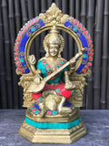 Brass Saraswati Playing Veena with Arch 10" - Routes Gallery