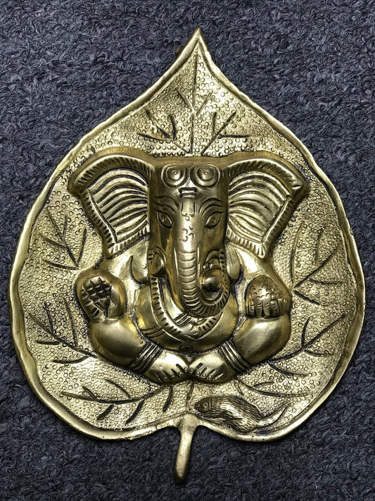 Brass Ganesh On Bodhi Leaf Wall Hanging 8" - Routes Gallery